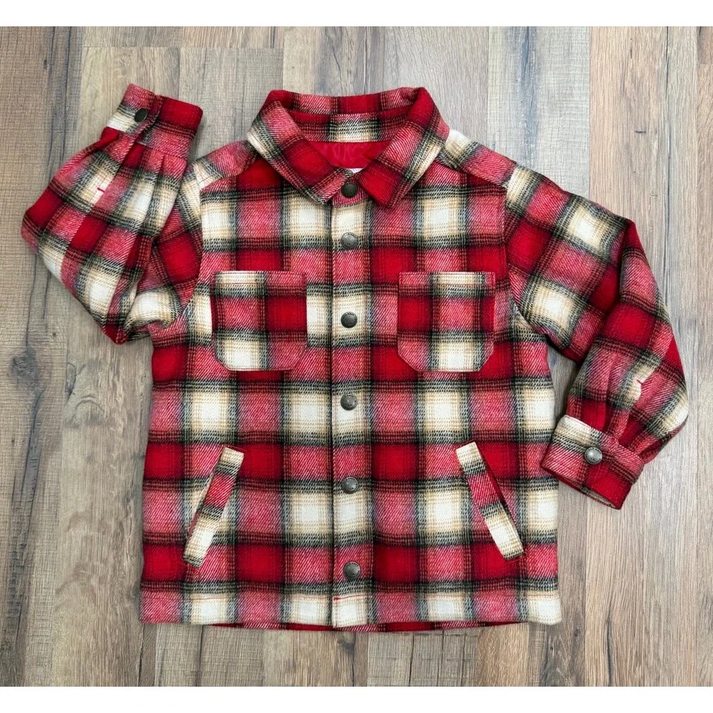 Old Navy Boys 4T Plaid Flannel Jacket Red Cream Quilted Lined Snap Front